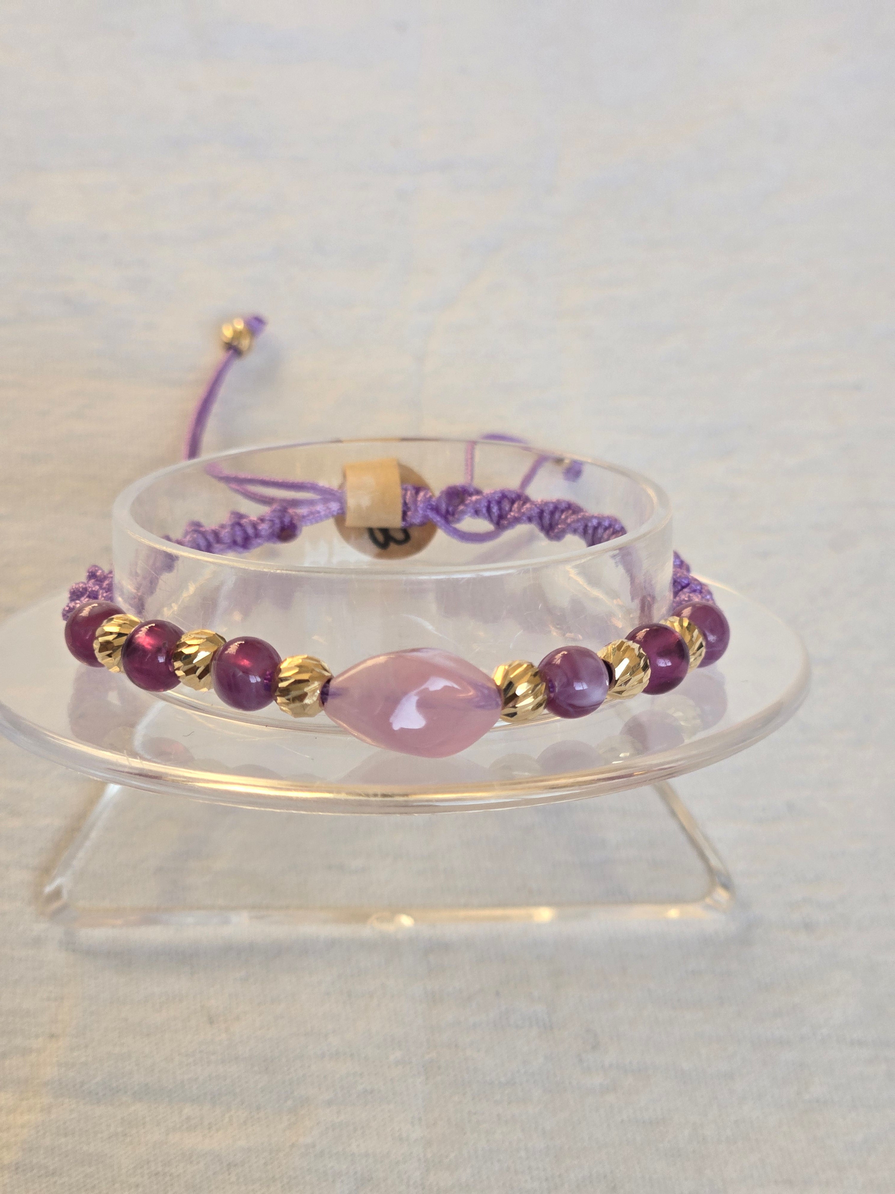 Pulsera Ajustable Oro 14k Cuarzo lila Premium